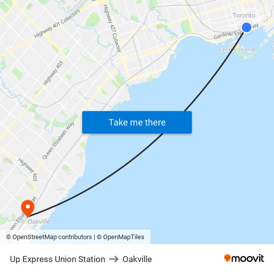 Up Express Union Station to Oakville map