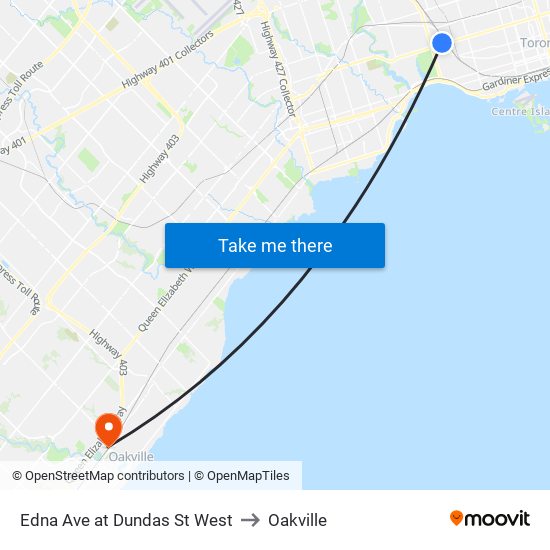 Edna Ave at Dundas St West to Oakville map