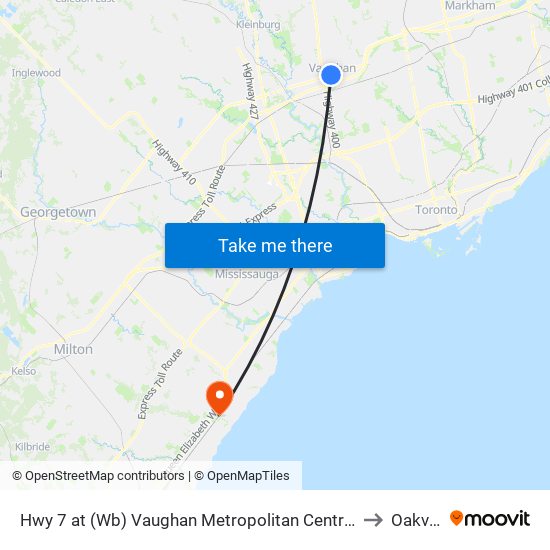 Hwy 7 at (Wb) Vaughan Metropolitan Centre Station to Oakville map