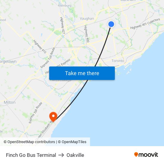 Finch Go Bus Terminal to Oakville map