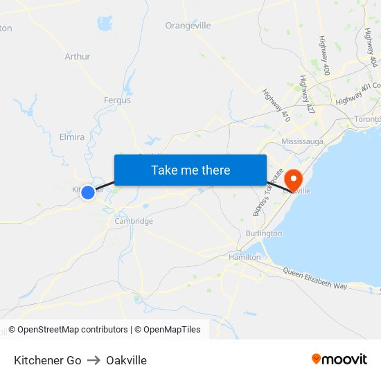 Kitchener Go to Oakville map