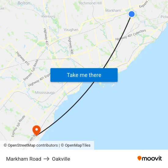 Markham Road to Oakville map