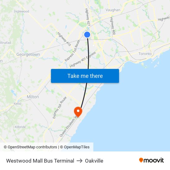 Westwood Mall Bus Terminal to Oakville map