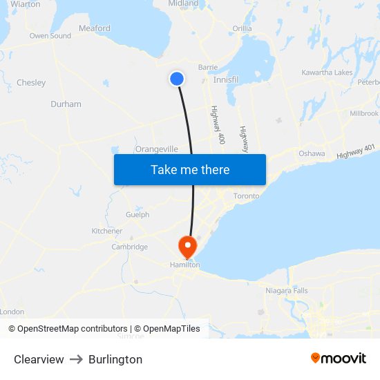 Clearview to Burlington map