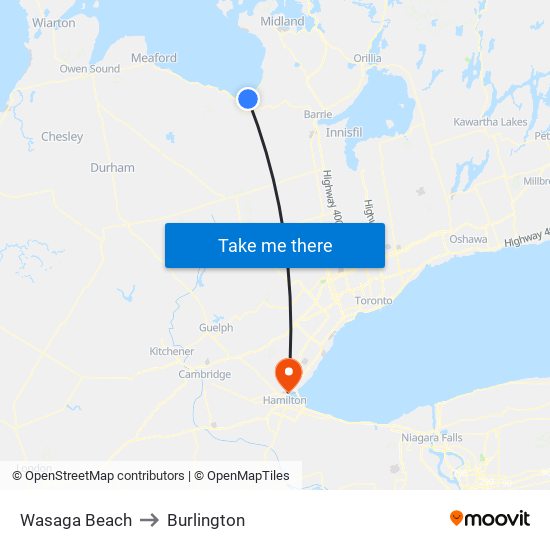 Wasaga Beach to Burlington map