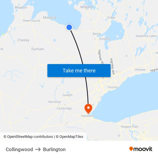 Collingwood to Burlington map