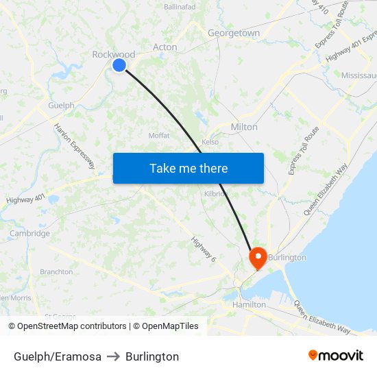 Guelph/Eramosa to Burlington map