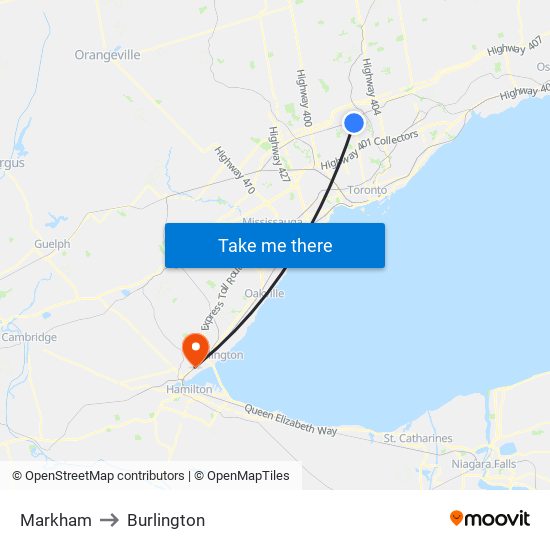 Markham to Burlington map