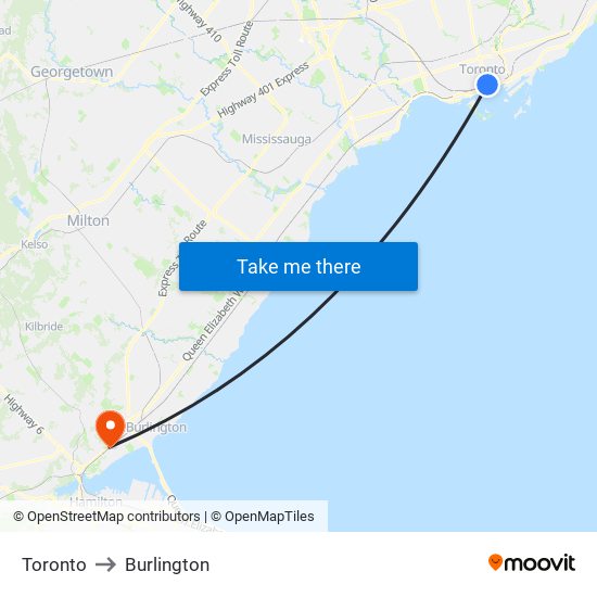Toronto to Burlington map