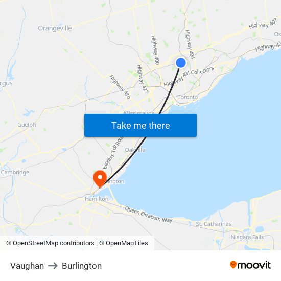 Vaughan to Burlington map