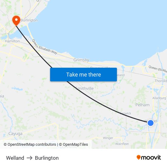 Welland to Burlington map