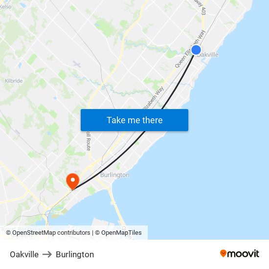 Oakville to Burlington map