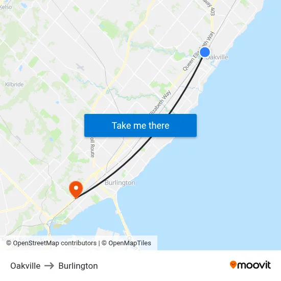 Oakville to Burlington map