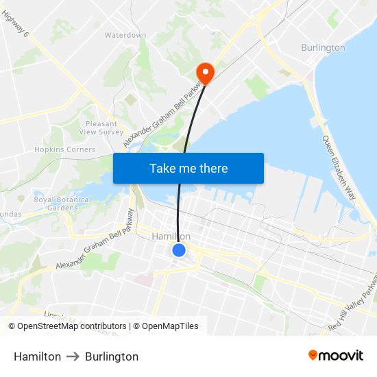 Hamilton to Burlington map