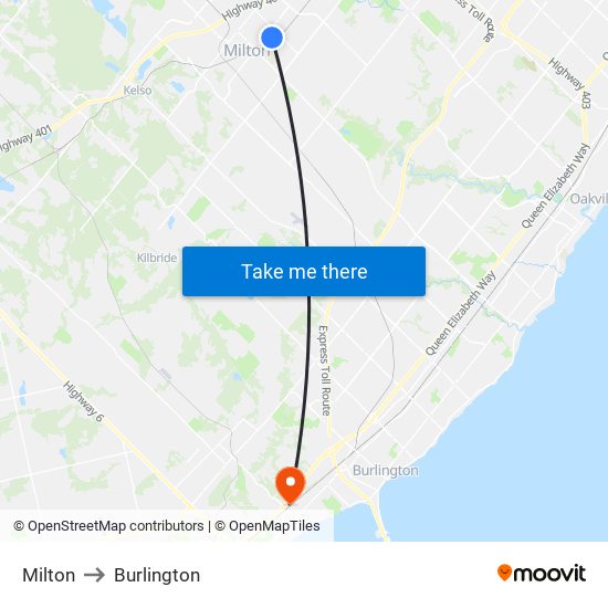 Milton to Burlington map