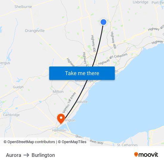 Aurora to Burlington map