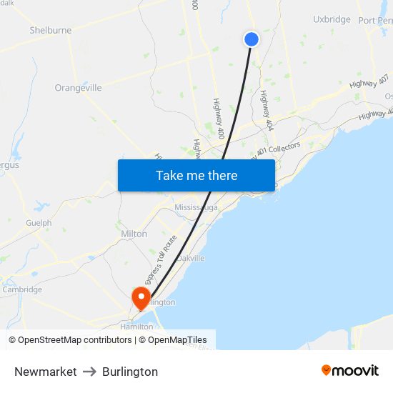 Newmarket to Burlington map