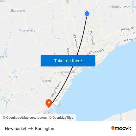 Newmarket to Burlington map