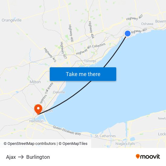 Ajax to Burlington map