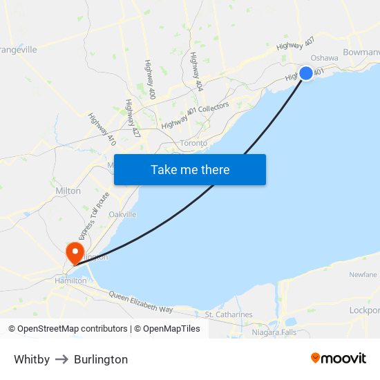 Whitby to Burlington map