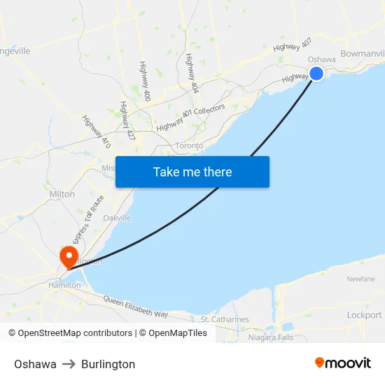 Oshawa to Burlington map