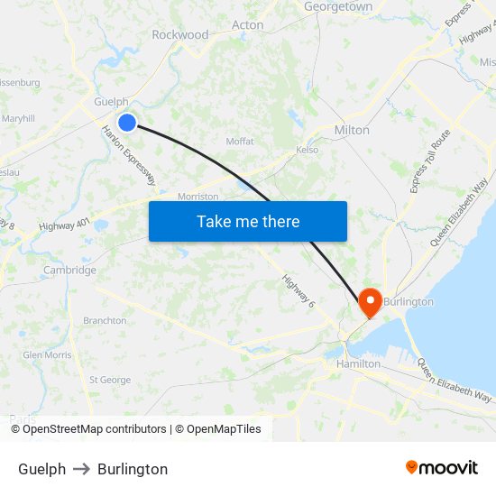 Guelph to Burlington map