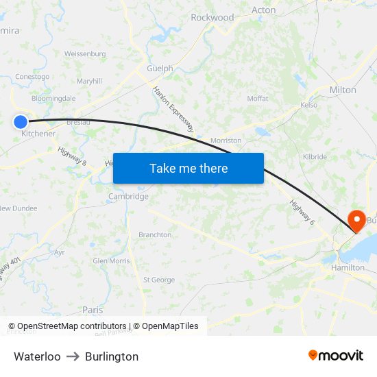 Waterloo to Burlington map