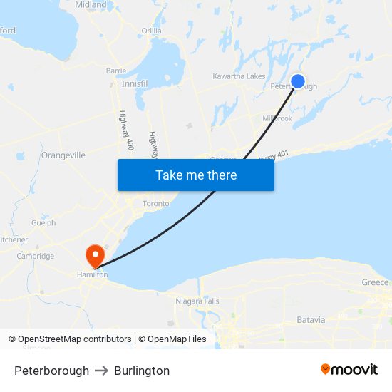 Peterborough to Burlington map