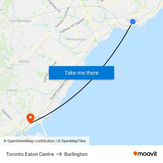 Toronto Eaton Centre to Burlington map