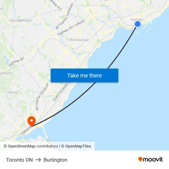 Toronto ON to Burlington map