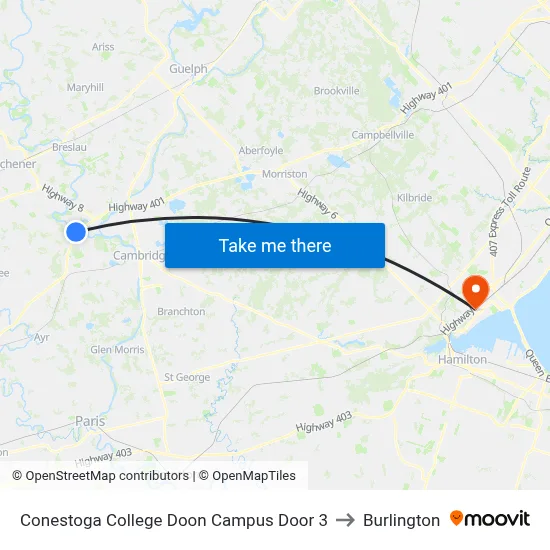 Conestoga College Doon Campus Door 3 to Burlington map