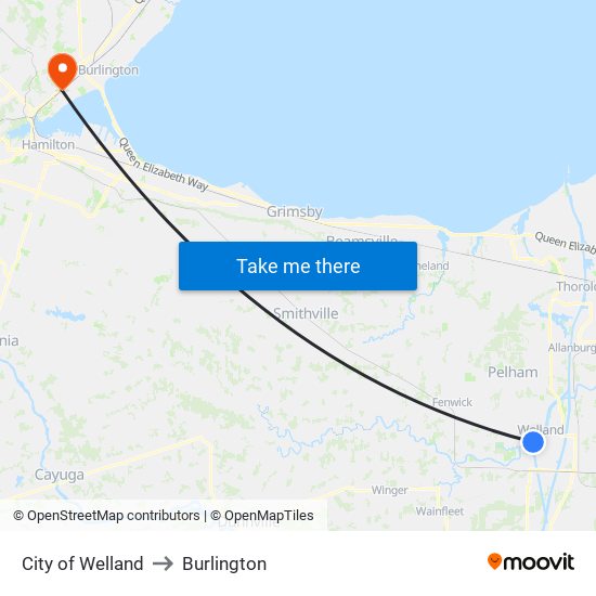 City of Welland to Burlington map