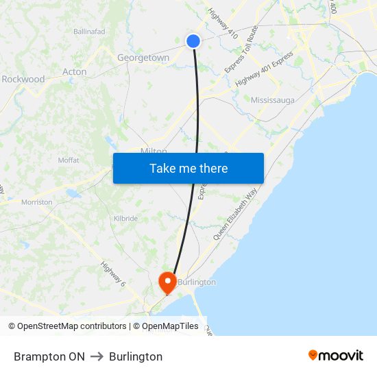 Brampton ON to Burlington map