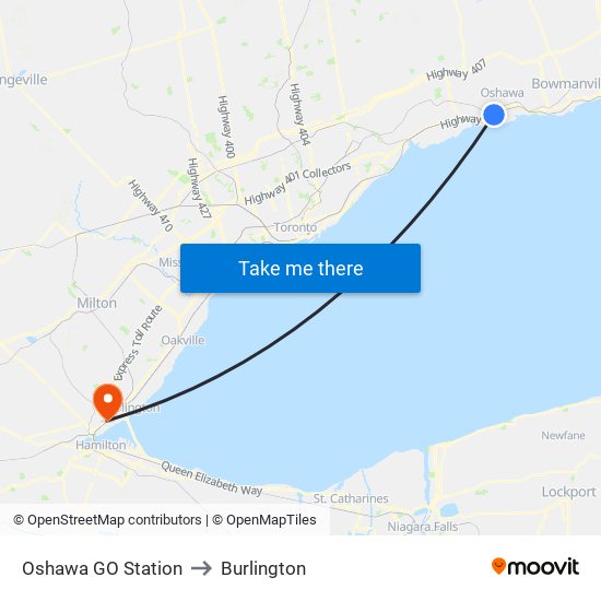 Oshawa GO Station to Burlington map