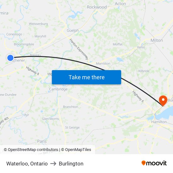 Waterloo, Ontario to Burlington map