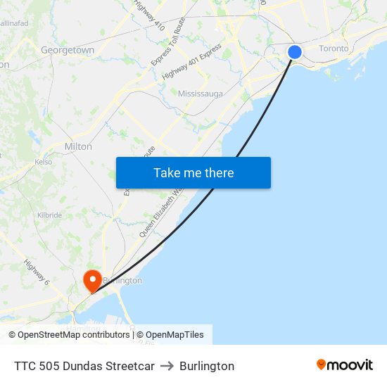 TTC 505 Dundas Streetcar to Burlington map