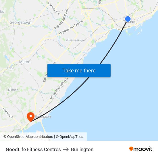 GoodLife Fitness Centres to Burlington map