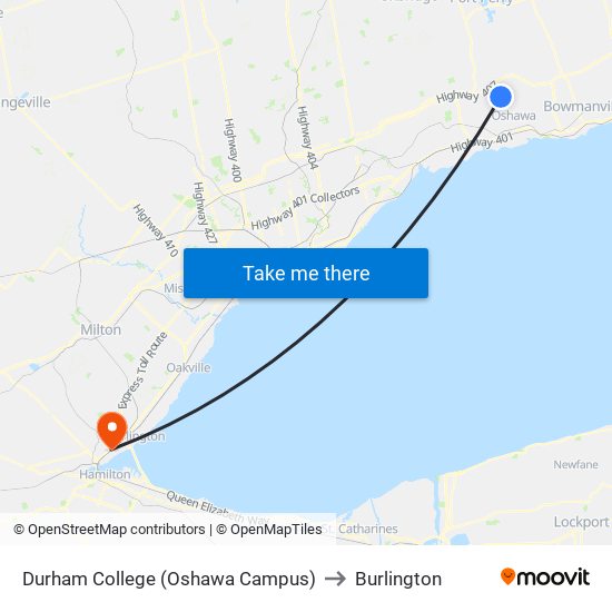 Durham College (Oshawa Campus) to Burlington map