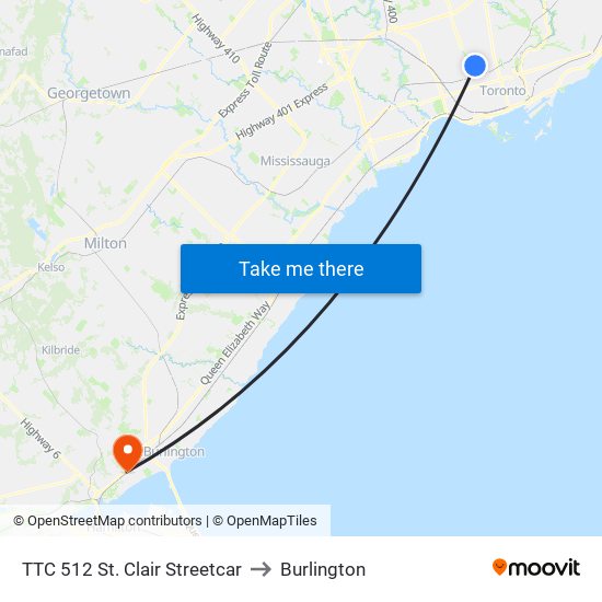 TTC 512 St. Clair Streetcar to Burlington map