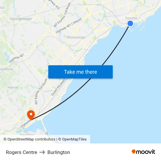 Rogers Centre to Burlington map