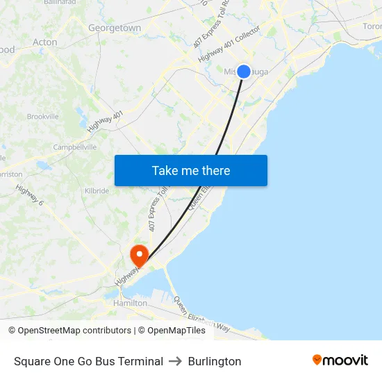 Square One Go Bus Terminal to Burlington map