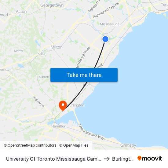 University Of Toronto Mississauga Campus to Burlington map