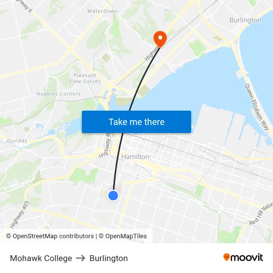 Mohawk College to Burlington map