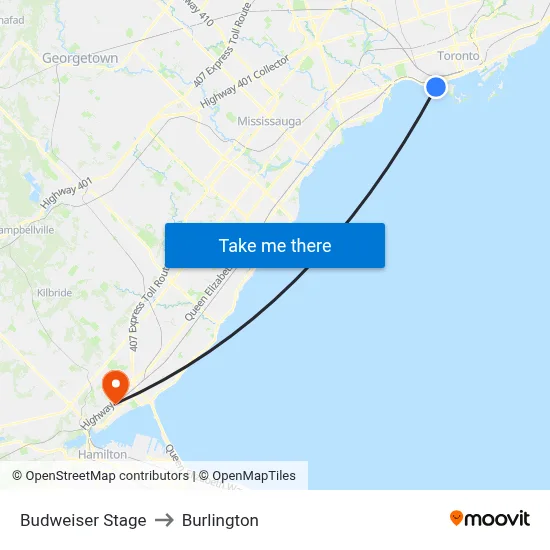 Budweiser Stage to Burlington map