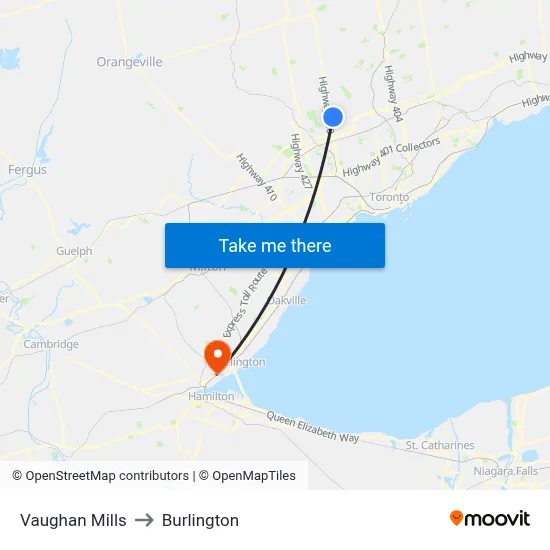 Vaughan Mills to Burlington map