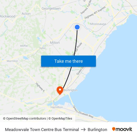 Meadowvale Town Centre Bus Terminal to Burlington map