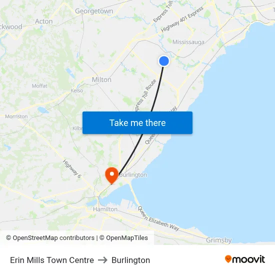 Erin Mills Town Centre to Burlington map