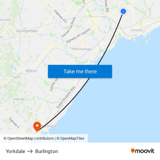Yorkdale to Burlington map