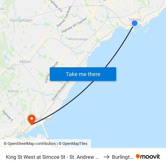 King St West at Simcoe St - St. Andrew Station to Burlington map