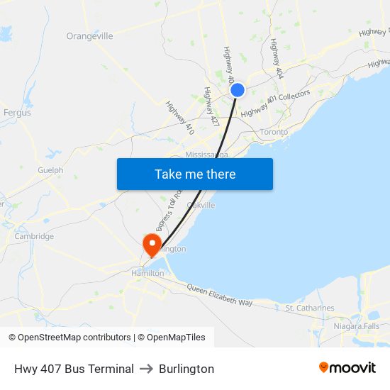 Hwy 407 Bus Terminal to Burlington map
